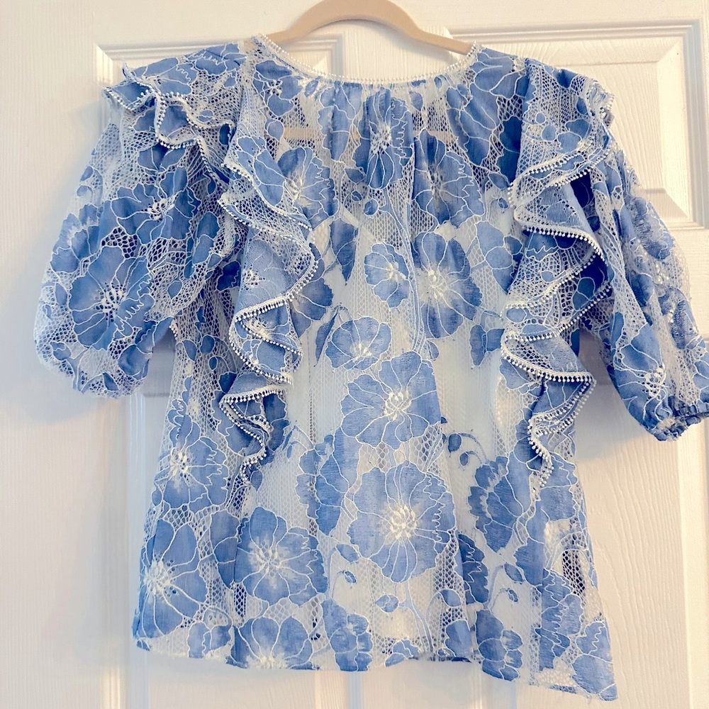 Monique Lhuillier Blue and White Lace Top